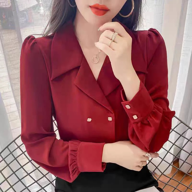 Double Breasted French Turn Down Collar Long-sleeve Solid Top Office Lady Shirt And Blouses Casual Woman Clothing Simple Elegant 250226
