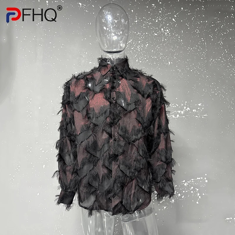 PFHQ Tassel Niche Mens Casual Shirts Hollow Out Long Sleeve Lapel Single Breasted Loose Shirt Personalized 21F3007 250224
