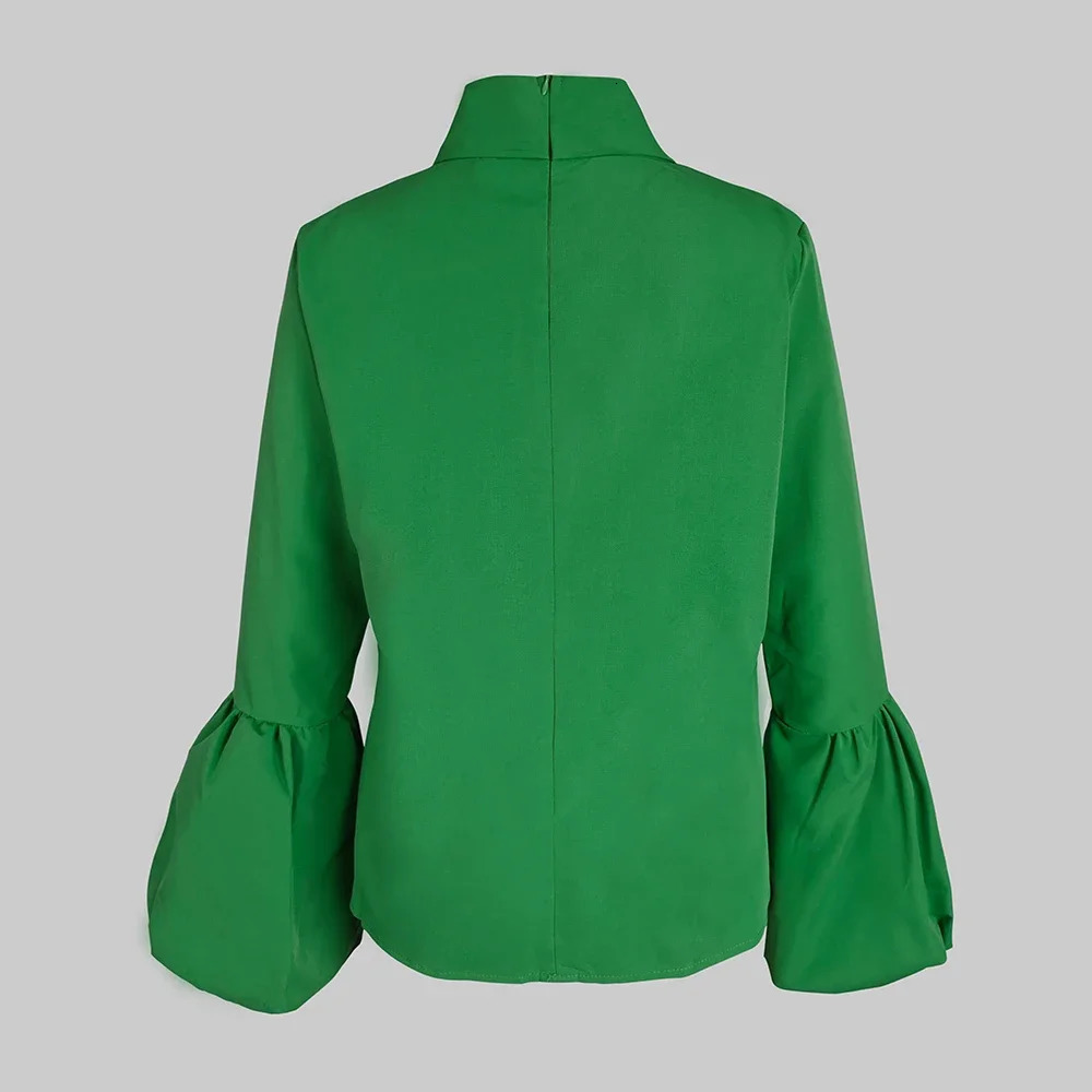 Modi Bowknot High Collar Shirt for Women Lantern Sleeve Fit Solid Green Blouse Urban Womens Fashion Top 250225
