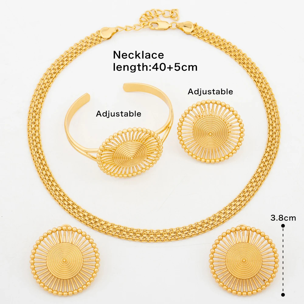 Gold Color Earrings Chain 45cm Necklace Bracelet Ring Dubai African Fashion Jewelry Set Party Anniversary Gift 250221