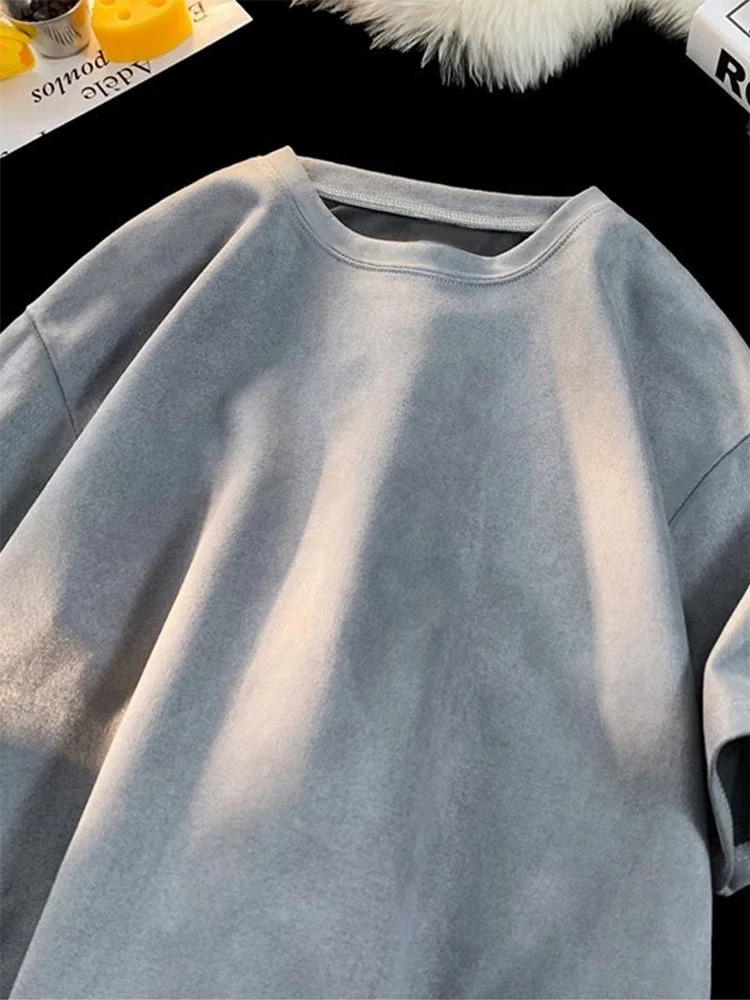 Retro Suede T-shirt Men Women Anti-wrinkle Loose Crew Neck Casual TShirts Summer Short Sleeve Fashion High Street T Shirt 250225