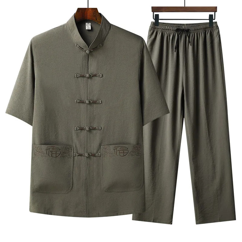 Chinese style Shirts Pants summer 100% Cotton linen Sportswear Mens Casual Sets spring Male Fashion Chinese style trousers 250222