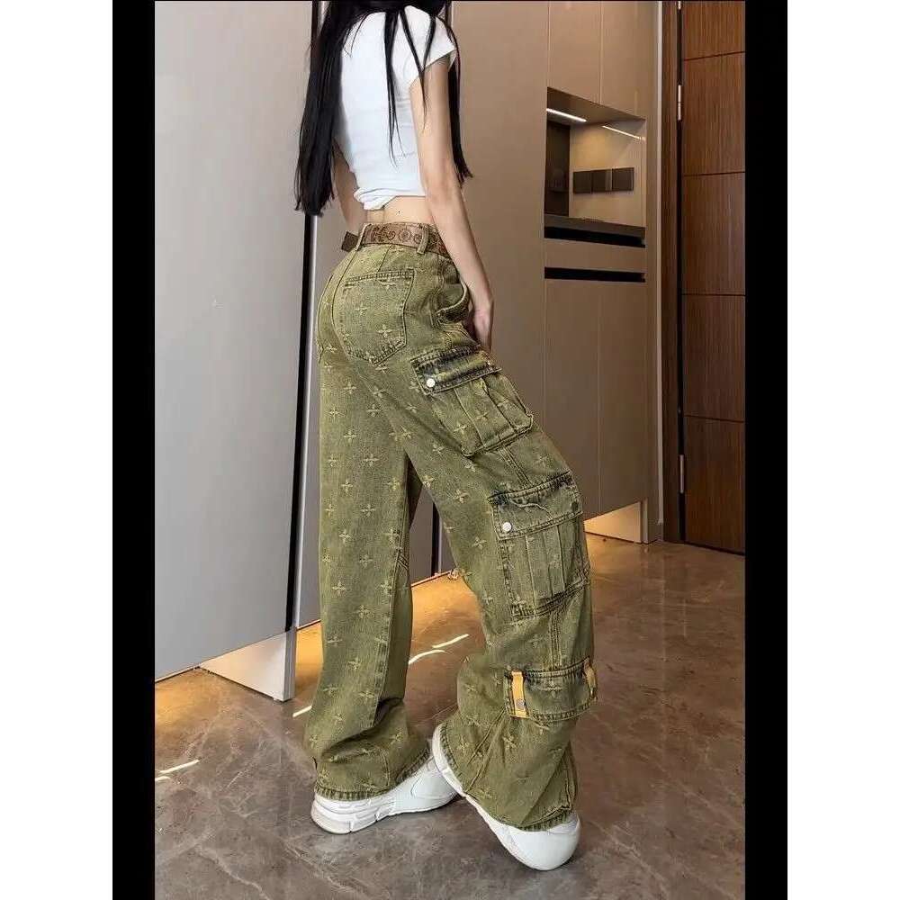 American Retro Vintage Workwear Jeans For Women Summer Multiple Pockets Heavy Embroidery Loose Fit Wide Leg Or Length Pants