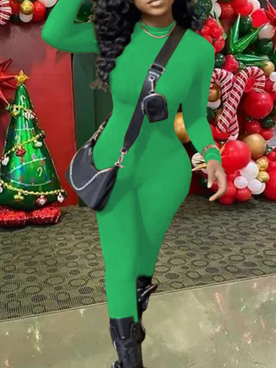 LW Round Neck Skinny Jumpsuit Women Spring Summer One Pieces Outfit Basic Skinny Long Sleeve Solid Color Daily Short Jumpsuits 250224