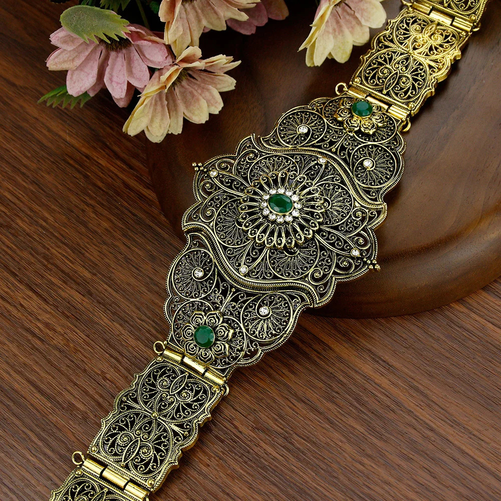 Sunspicems Elegent Morocco Caftan Belt For Women Caucasus Bride Wedding Jewelry Turkey Crystal Robe Waist Chain Belt Gold Color 250225