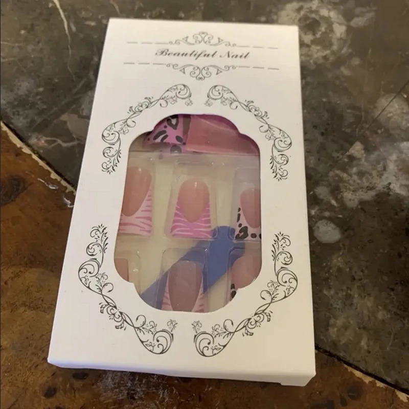 24pcs Duckbill shaped pressed nails pink leopard print French edge detachable full cover acrylic 250217