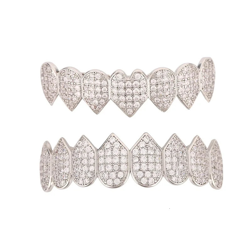 Iced Out Cubic Zircon Irregular Heart Teeth Set Men Women Top Bottom Stone Brass Material Hip Hop Cosply Decor 250220
