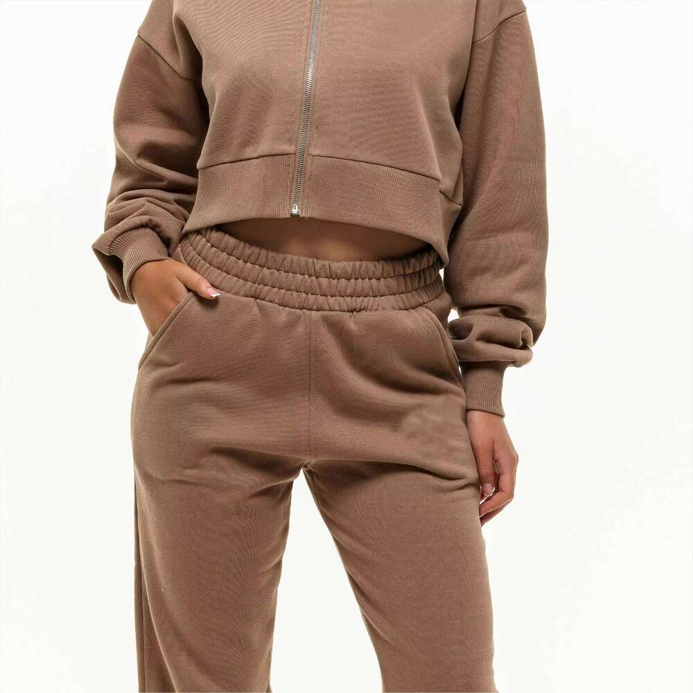 Cotton Korean Trendy Cropped Tan Zip Hoodie Women Soft Knitting Fabric Ribbed Hem For Casual Streetwear Outfits In Winter