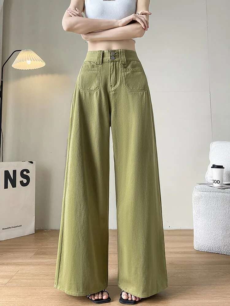 Summer Womens Jeans High Waist Green Korean Fashion Streetwear Straight Pants Baggy Casual Vintage Ladies Wide Leg Denim Trouser
