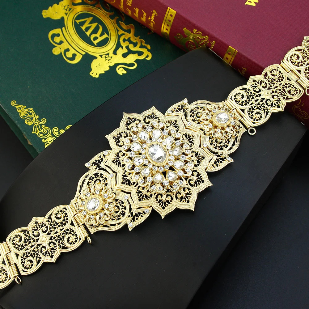 Sunspicems Chic Crystal Morocco Belt Round Flower Waist Chain for Women Arabian Bride Wedding Jewelry Abaya Caftan Dess Belt 250225