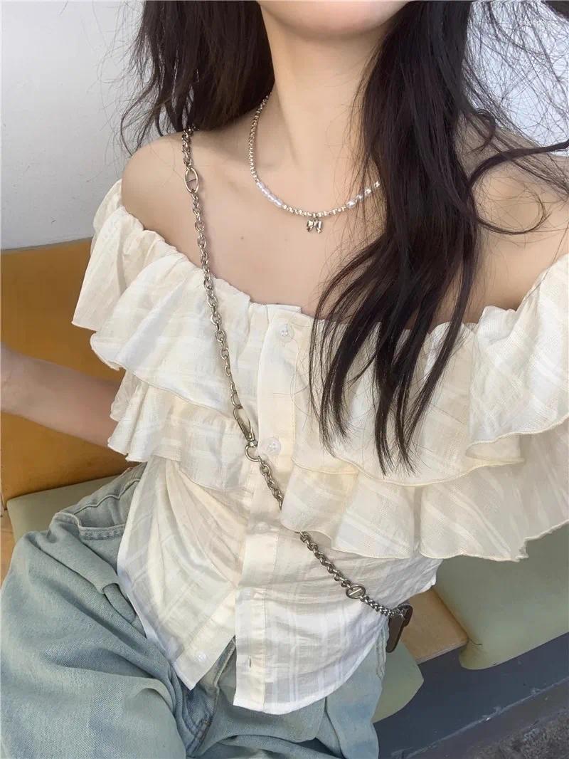 Women's Blouses Slash Neck Shirts Women Summer Slim Breathable Sweet Girl Korean Fashion Top Ruffles Students High Street Gentle Camisas