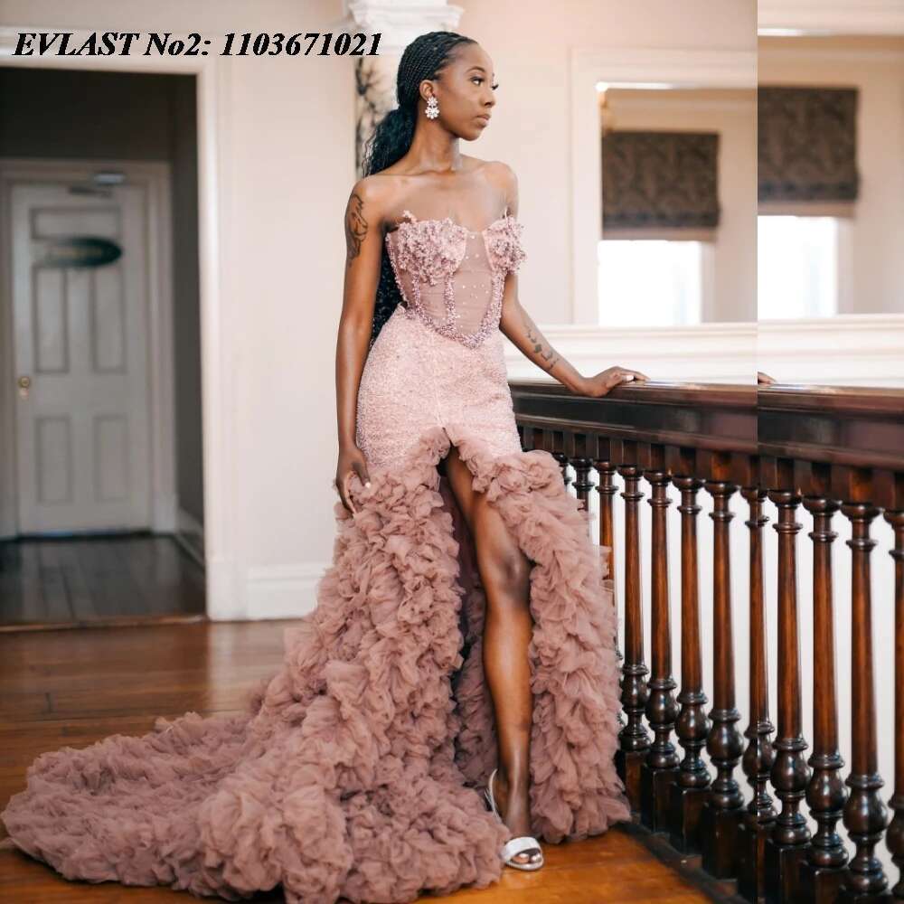 Evlast Custom Pink Mermaid Prom For Black Girl 2025 Babed In Layers High Slit Birthday Party Evening Dress e2p38