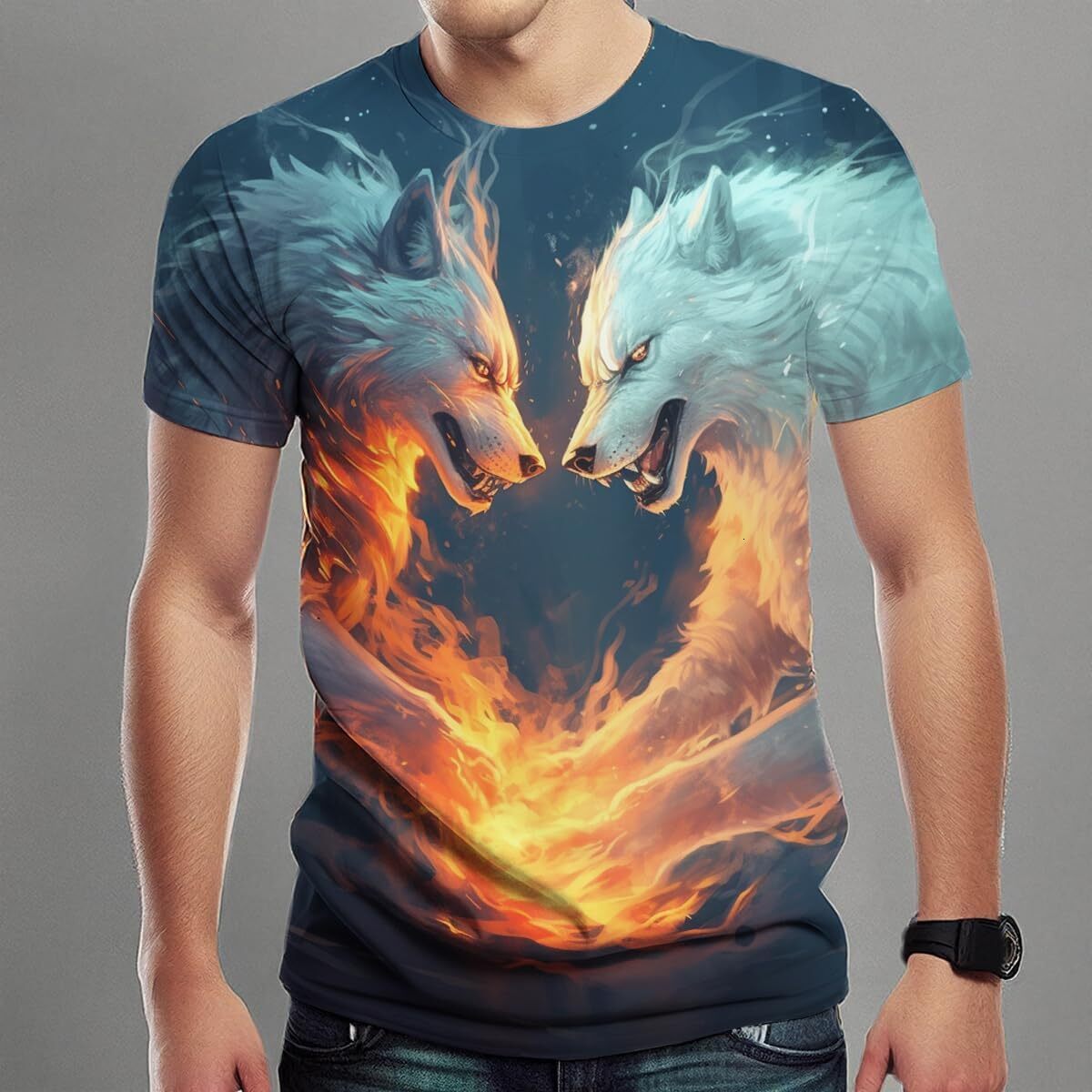 Mens T shirt Men's Fire Wolf Pack Pattern T-Shirt 3D Printed T-Shirt Novelty Pattern T-Shirt Fashion Top tee Casual tops summer clothes