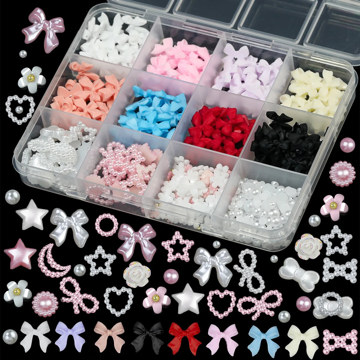 12 GridBox Mixed Resin Bow Knot Nail Art Decoration 3D Acrylic Charm Kawaii Color Water Diamond DIY Hand Tool Parts 250217