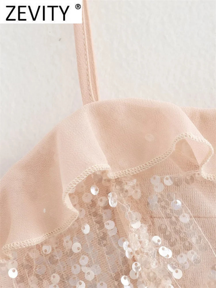 Zevity Women Chic Pleat Ruffles Sequined Chiffon Sling Camis Tank Lady Backless Short Crop Shirt Blouse Tops LS7195 250225