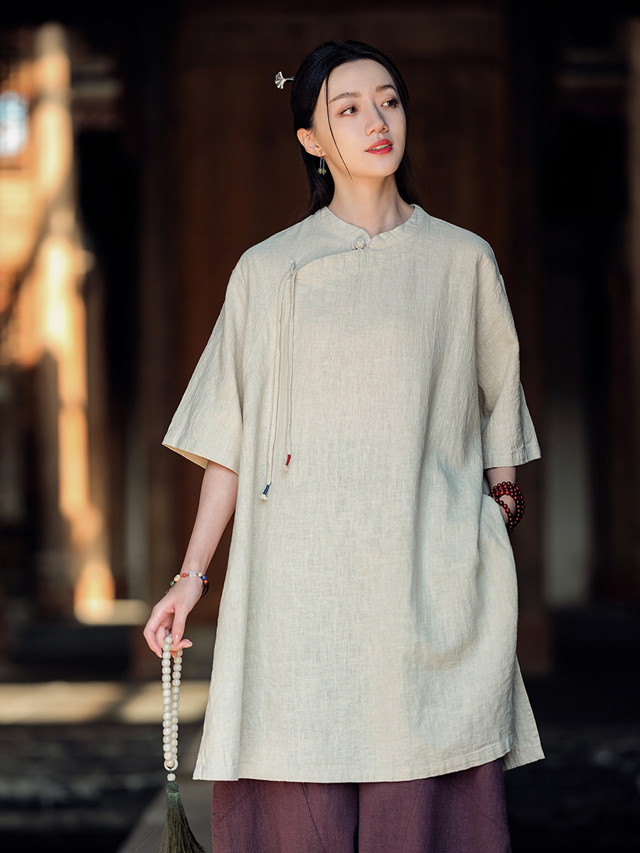 H16120 women's new Chinese style stand-up collar oblique lapel tie national style top retro Zen loose summer dress female