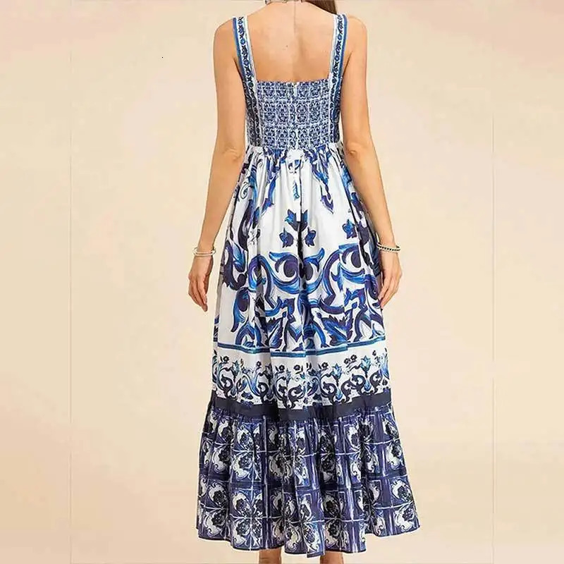2025 Summer European And American Womens Fashion Bohemian Elegant Light Midi Length Printed Strap Dresses250222