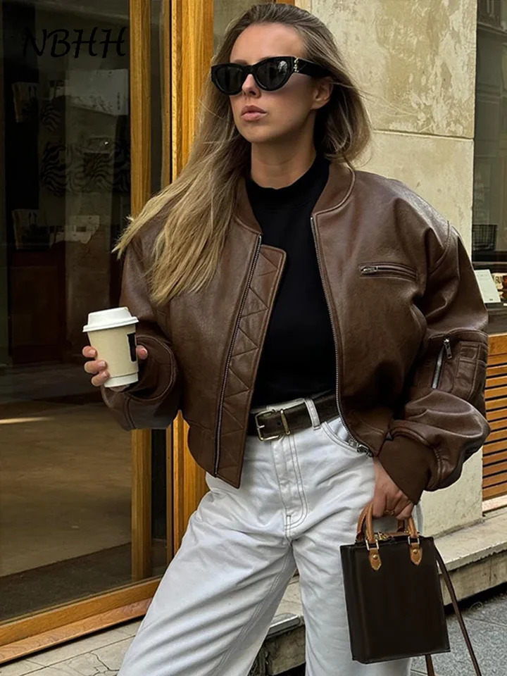 Vintage Leather Bomber Jacket Women O-neck Zipper Pockets Loose Short Coat 2024 Autumn Lady High Street Outwear 250225