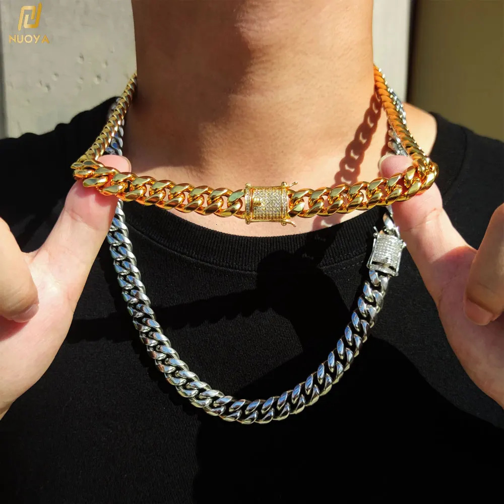 6-12mm Hip Hop Cuban Chain Iced Clasp Stainless Steel 18K Gold Plated Chaine For Men Necklace Jewelry 250225