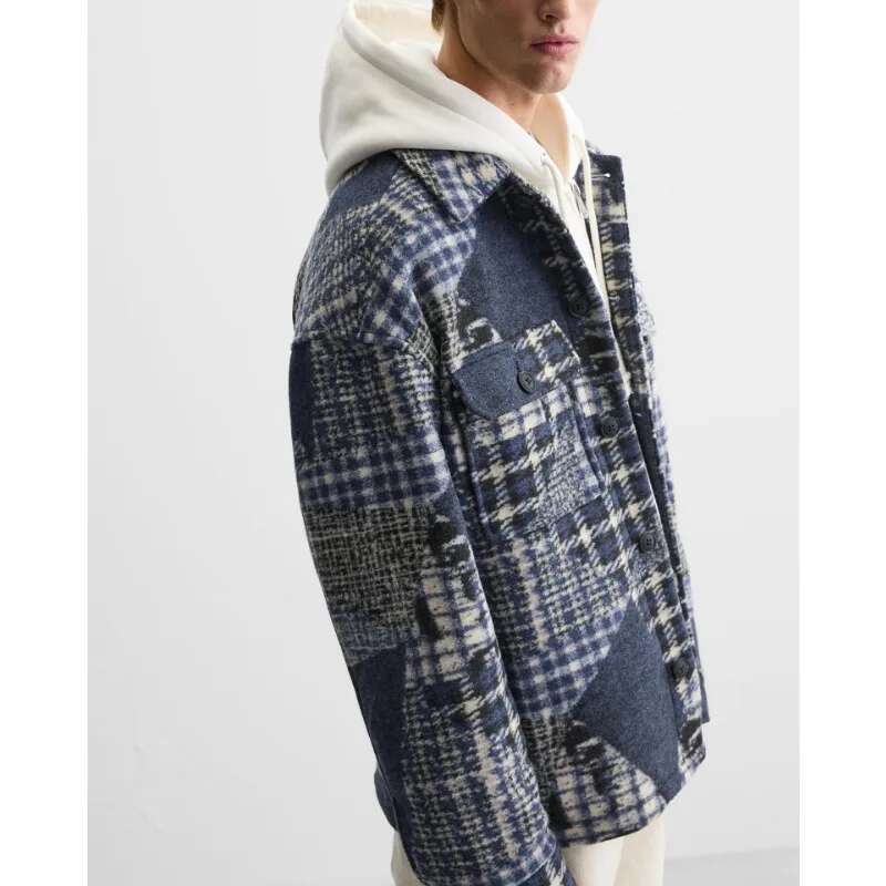 Autumn And Winter Flannel Patchwork Lapel Long-Sleeved Shirt Jacket Men
