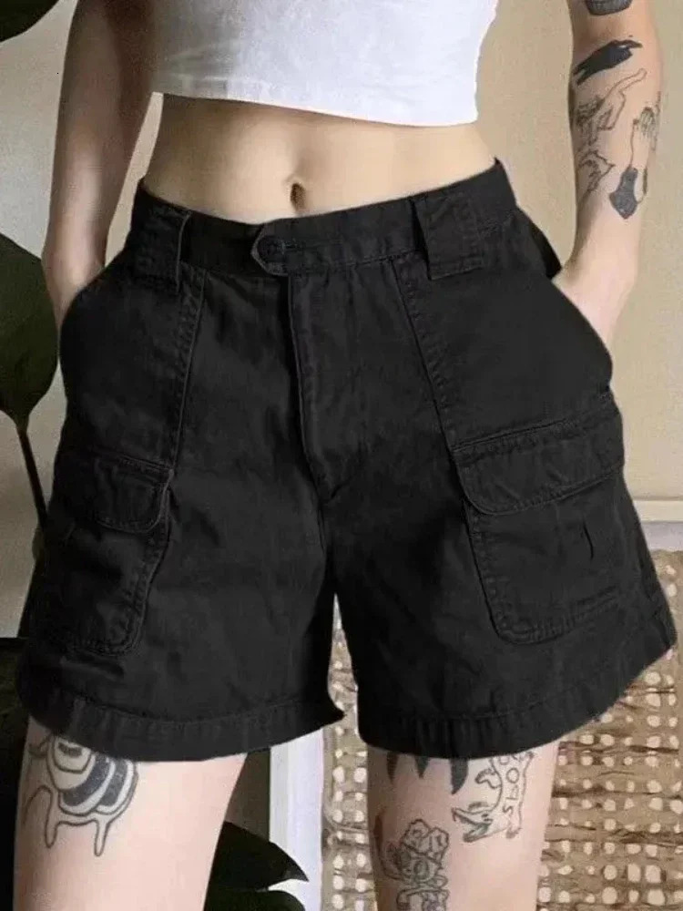 Y2k Vintage Streetwear Cargo Denim Shorts Women American Retro Harajuku Solid Loose Jeans Casual Pocket Summer Chic 250226