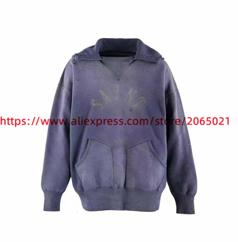 Hole Washed Hoodie Men Women Casual Quality Navy Blue Pullover Hooded 250226