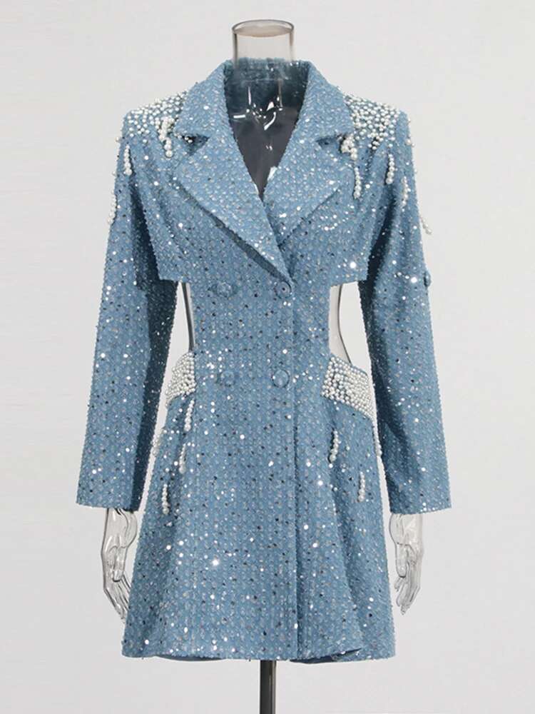 Solid Spliced Pearl Hollow Out Slimming Dresses For Women Lapel Long Sleeve Sexy Chic Dress Female Fashion Style