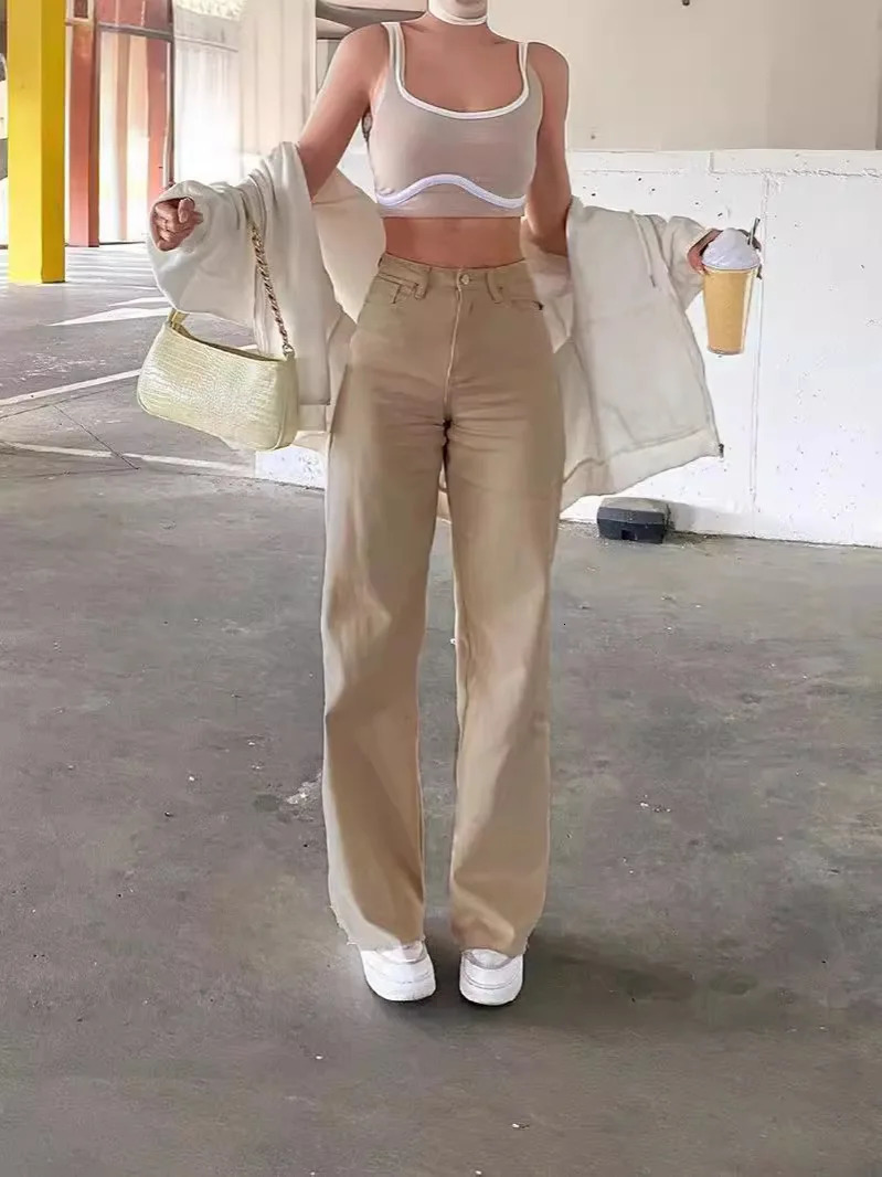 High waist washed straight casual pants solid color all-match womens slim fit casual pants 250225