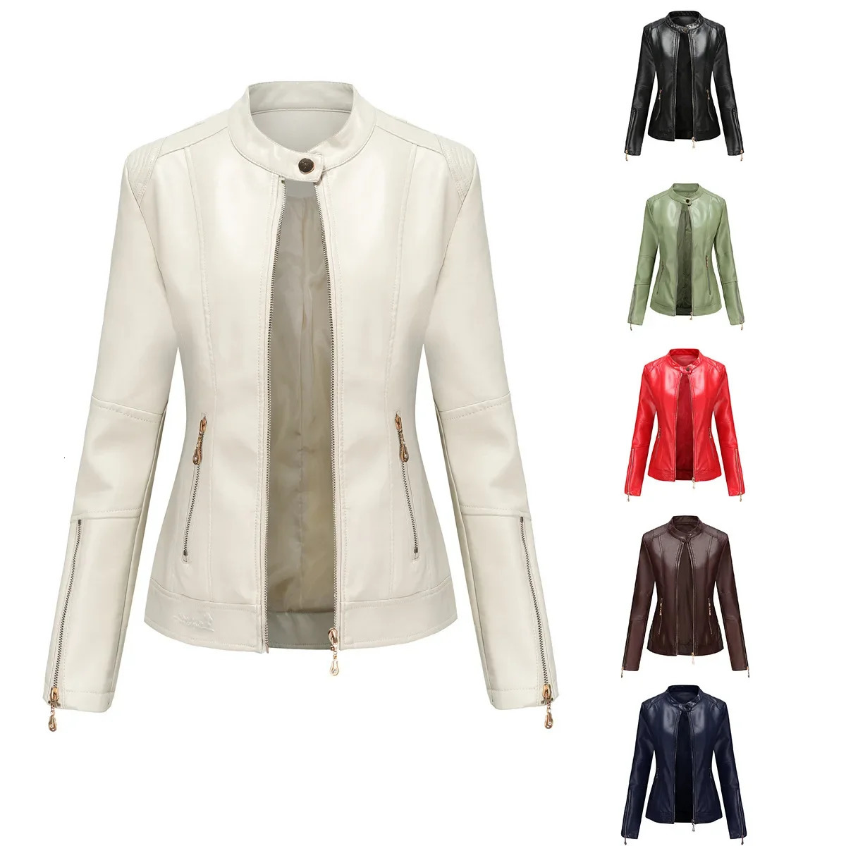 Faux Leather Women Coat Full Sleeve Round Neck Slim Fit Solid Sexy Regular Jackets Zipper Casual Splice Pu Coats Jacket 250225
