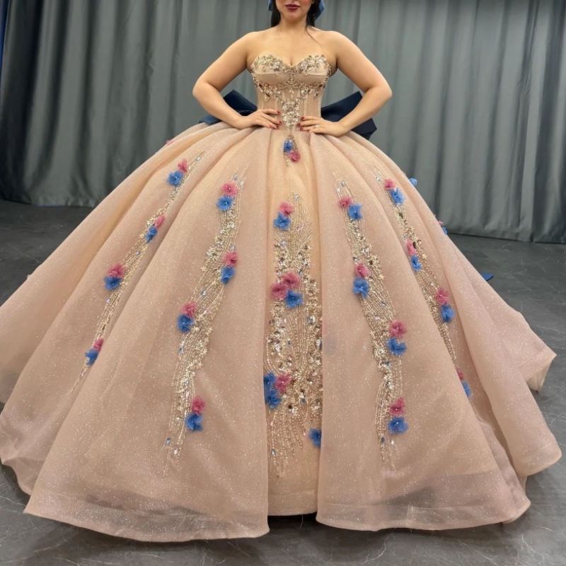 Pink Shiny Quinceanera Dresses Ball Gown Off The Shoulder Flower Beading Crystal Bow Tull Party Birthday Sweet 16 Dress Vestidos 15 Anos