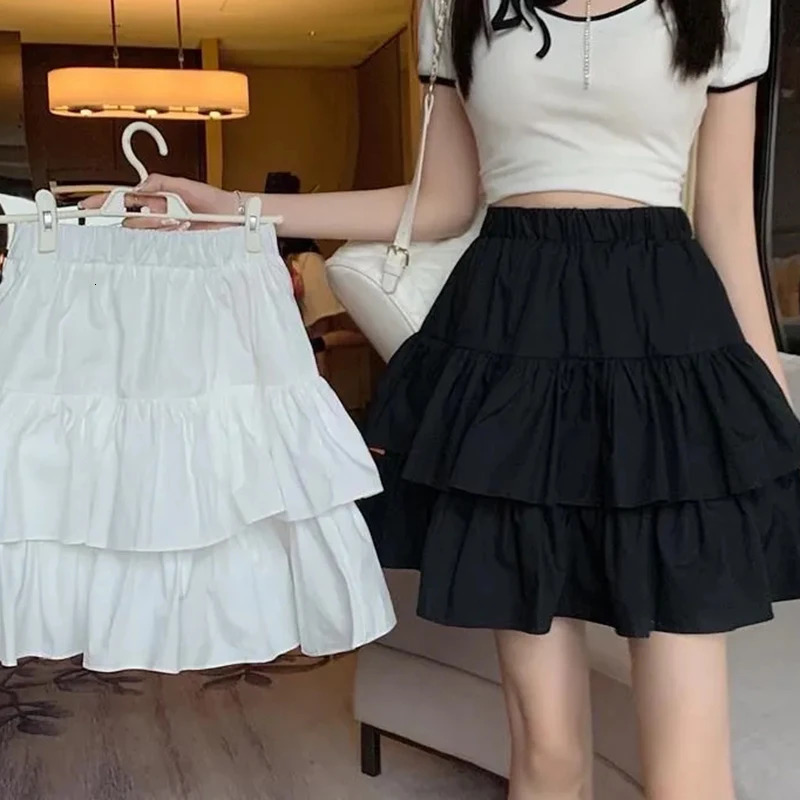 Pleated A-Line Skirt Women White Ruffle Sweet Tierred Pretty Style Skirt Elastic Waist Summer Slim Basic Korean Harajuku Dress 250226
