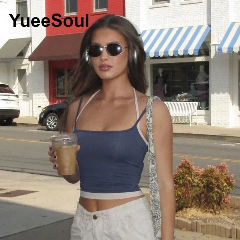 Blue Sweet Cute Tops Printed Sleeveless Sexy Slim Basis Crop Top Summer 2000s Y2K Fairycore Camis Women Clothing 250225