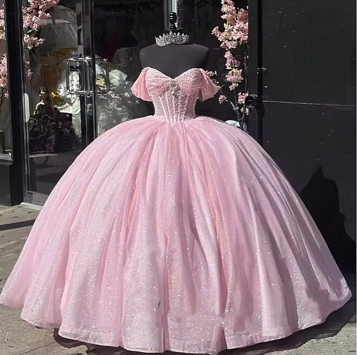 Glitter Pink Ball Gown Quinceanera Dresses Pearls Beaded Sweetheart Off Shoulder Floor Length Prom Occasion Dress Corset Vestdio De 15 Xv Anos