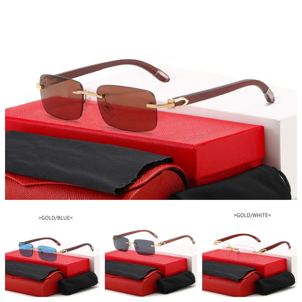 Luxury Wooden Frame Sunglasses Small Square Retro Glasses for Women, Men's Ocean-Inspired Frameless Eyewear with Gold Cart letter Logo & Gift Case