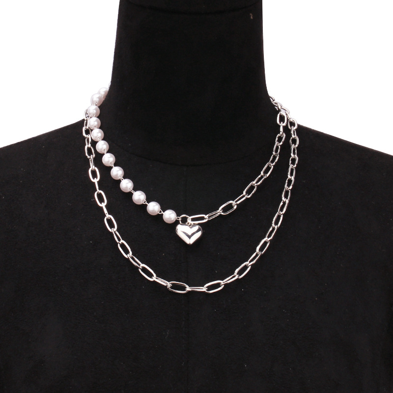 Double geometric large peach heart pendant imitation pearl necklace female ins wind hundred with necklace Europe and the United States punk jewelry