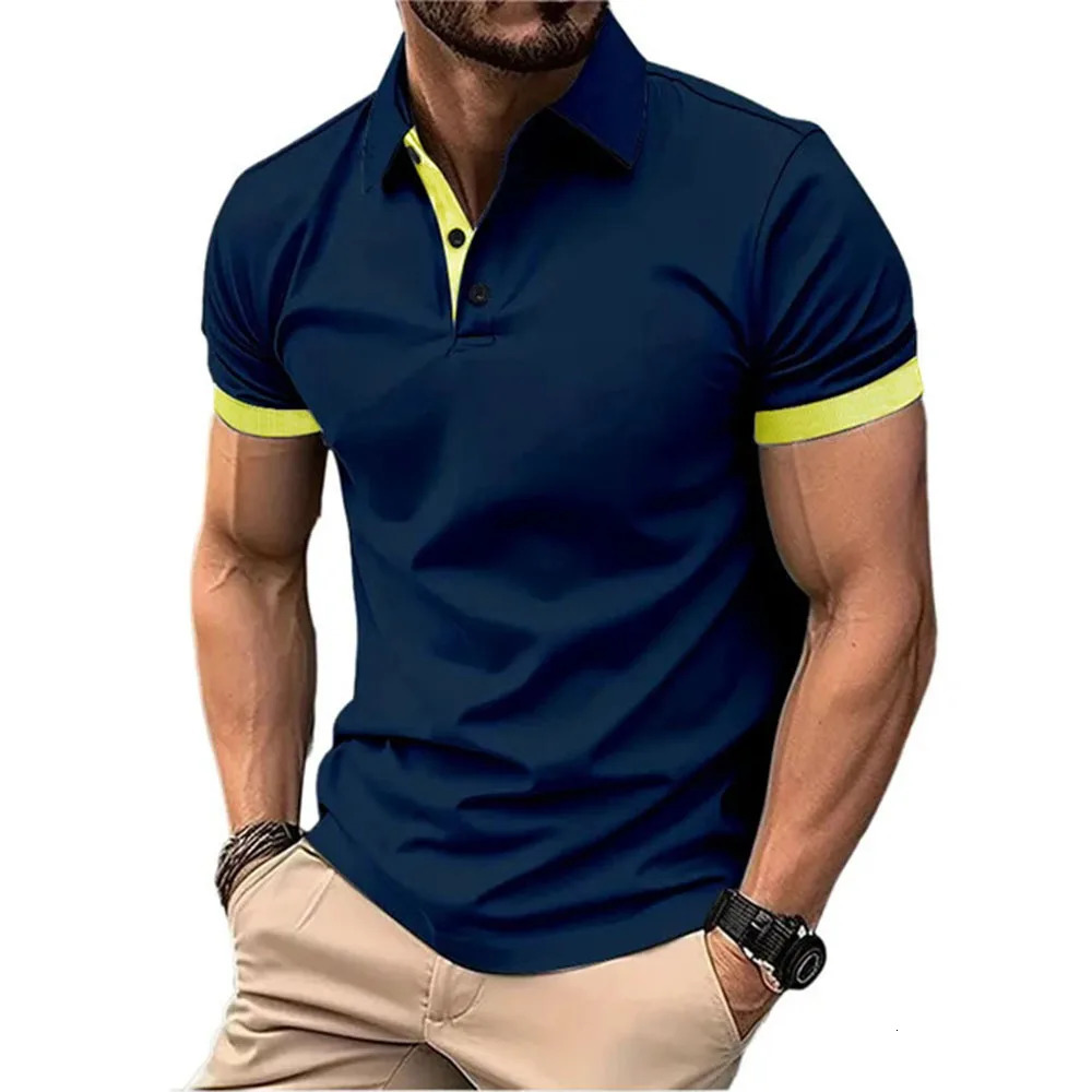 Mens Polo Shirt Short Sleeve Casual Slim Fit Color Blocking T-shirts England Style Streetwear Polos for Mens Fashion 250226