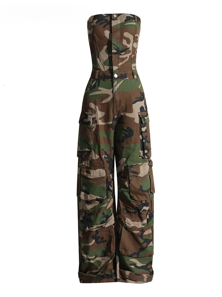 Camouflage Cargo Jumpsuits For Women Starpless Sleeveless High Waist Spliced Pockets Streetwear Jumpsuit Female New