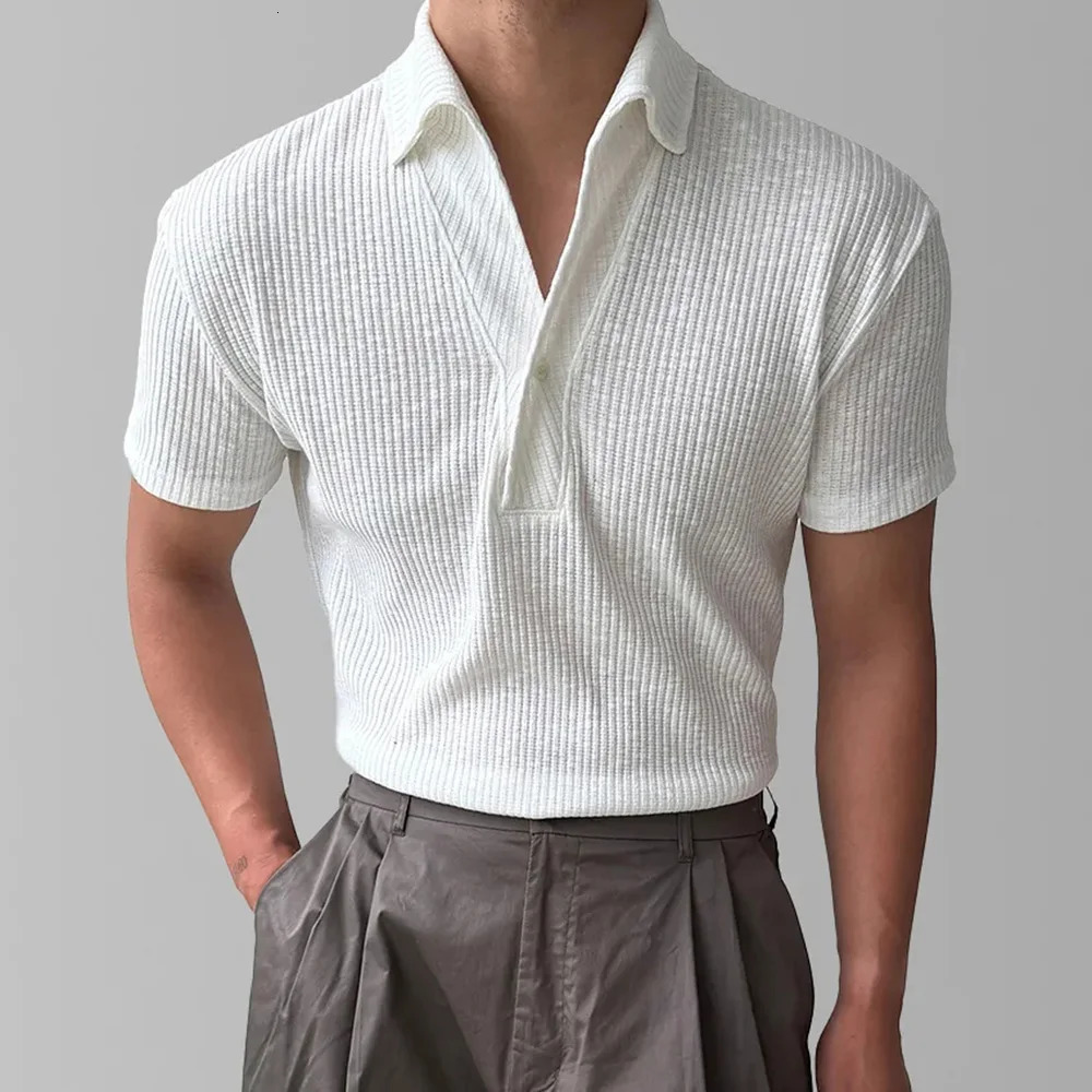 Mens Polo Thread Elastic Solid Color Bottom Shirt Autumn Casual Sports Fitness Show Muscle American Top Mens Clothing Unisex 250225