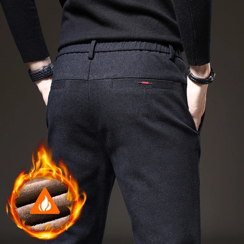 Winter Warm Mens Brushed Casual Pants Business Straight Slim Thick Fleece Trousers Plush Male Clothes 28-38 250226