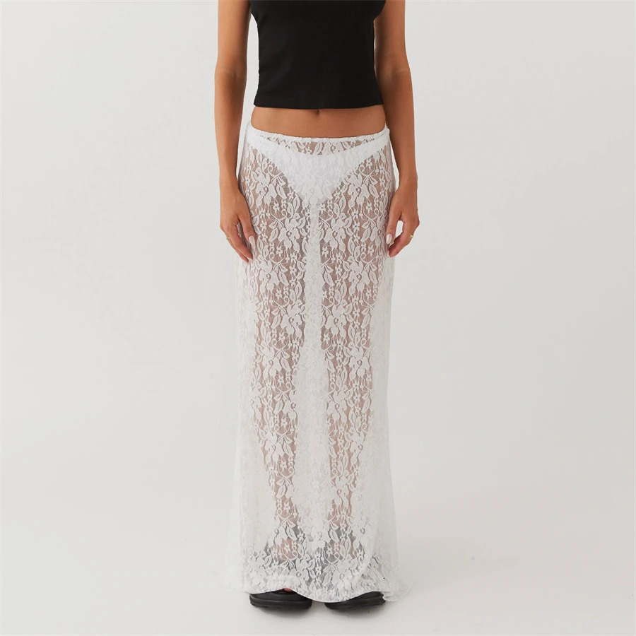 Y2K White Fairycore Boho Floral Lace Maxi Skirts Womens Sheer Low Waist Vintage Long Skirts Summer Harajuku Holiday Outfits 250225