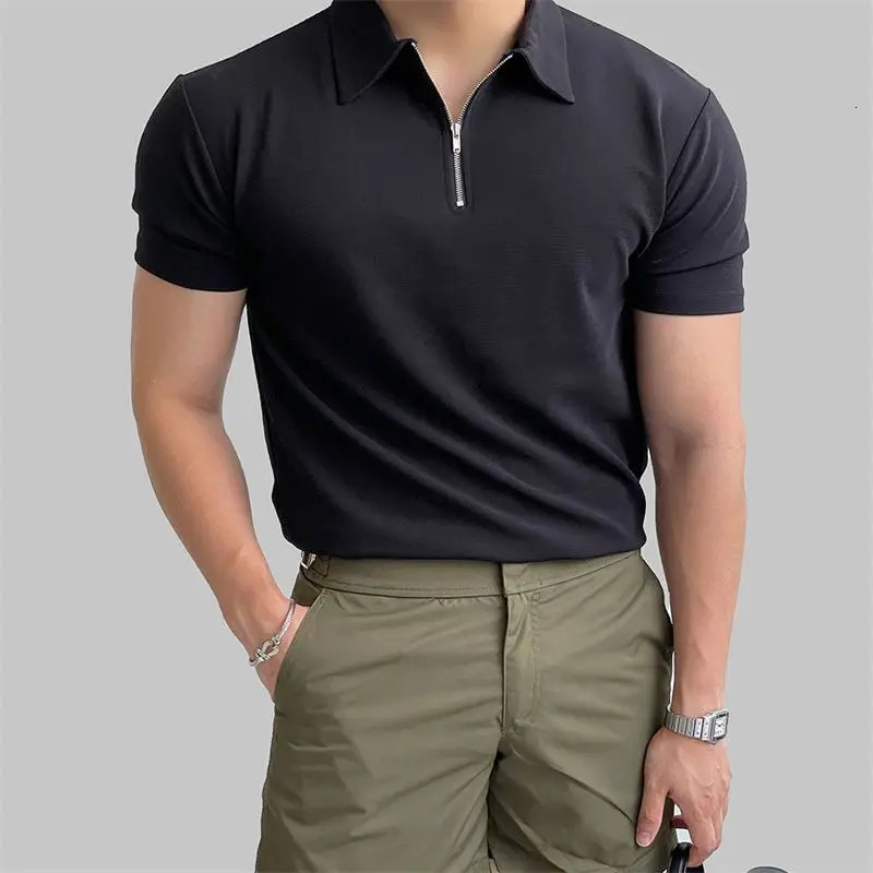 Mens Sports Fitness Black Slim Half Zipper Polo Shirts Wear Lapel Summer Short Sleeve Fashion Casual Tops 250225