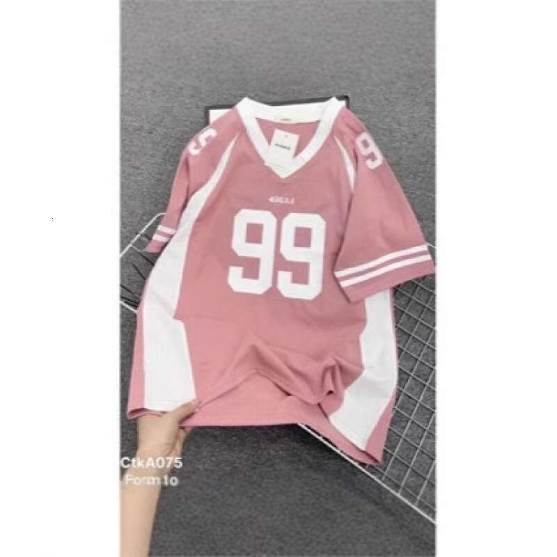 American high street casual sports baseball collar contrasting short T-shirt women's summer loose printed half sleeved top