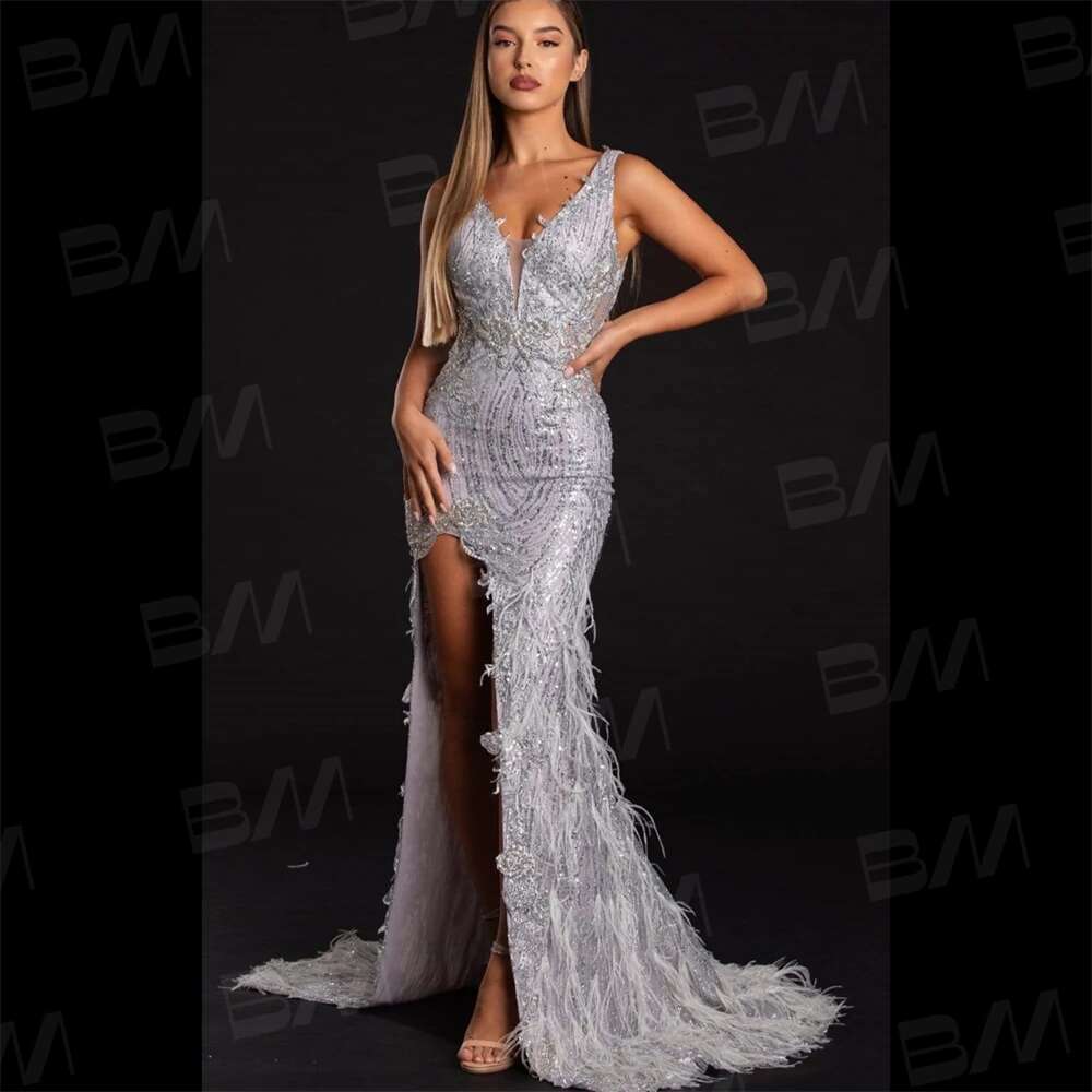 High side slit spaghetti ribbons fringed evening without backs party gala dresses sexy feathers custom prom dress