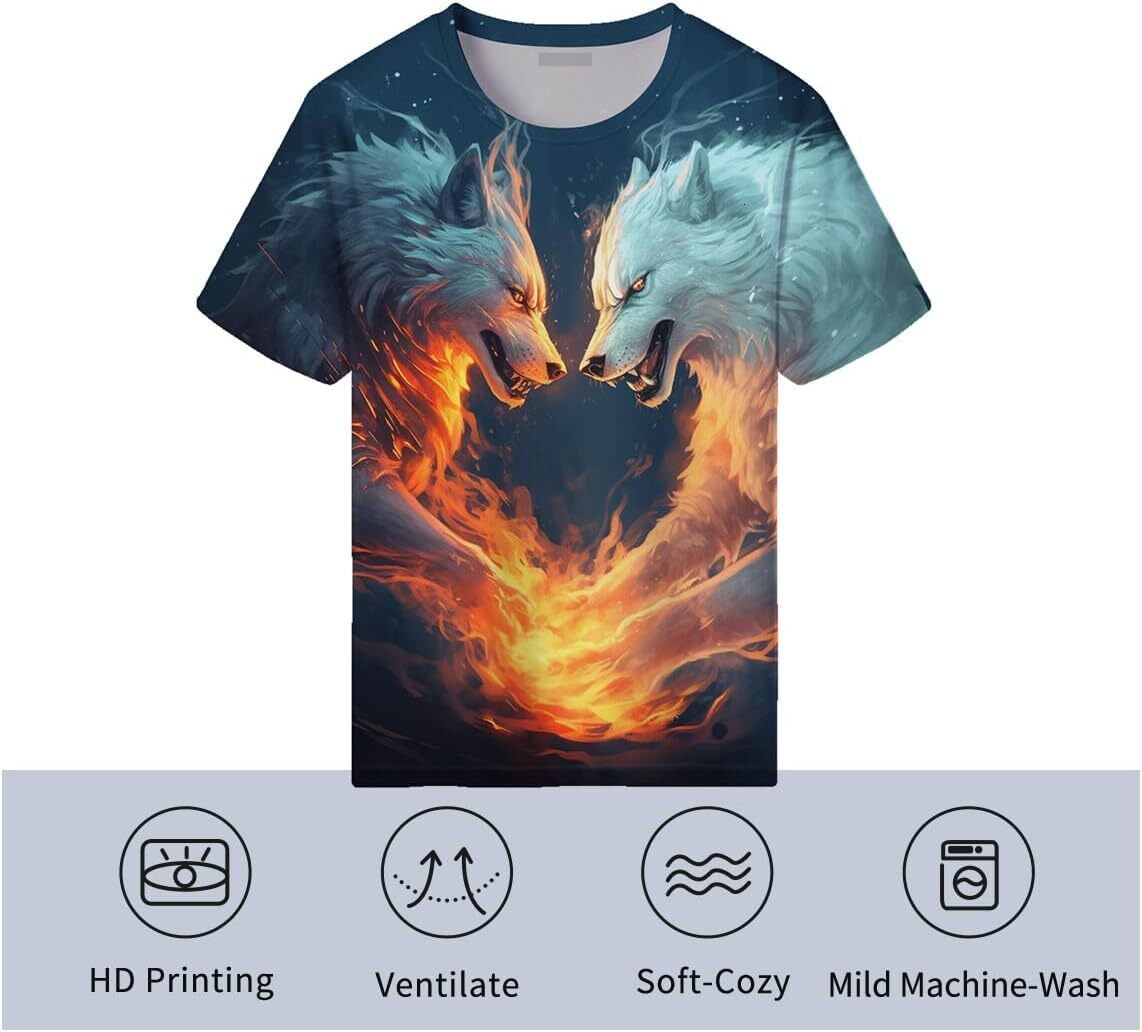 Mens T shirt Men's Fire Wolf Pack Pattern T-Shirt 3D Printed T-Shirt Novelty Pattern T-Shirt Fashion Top tee Casual tops summer clothes