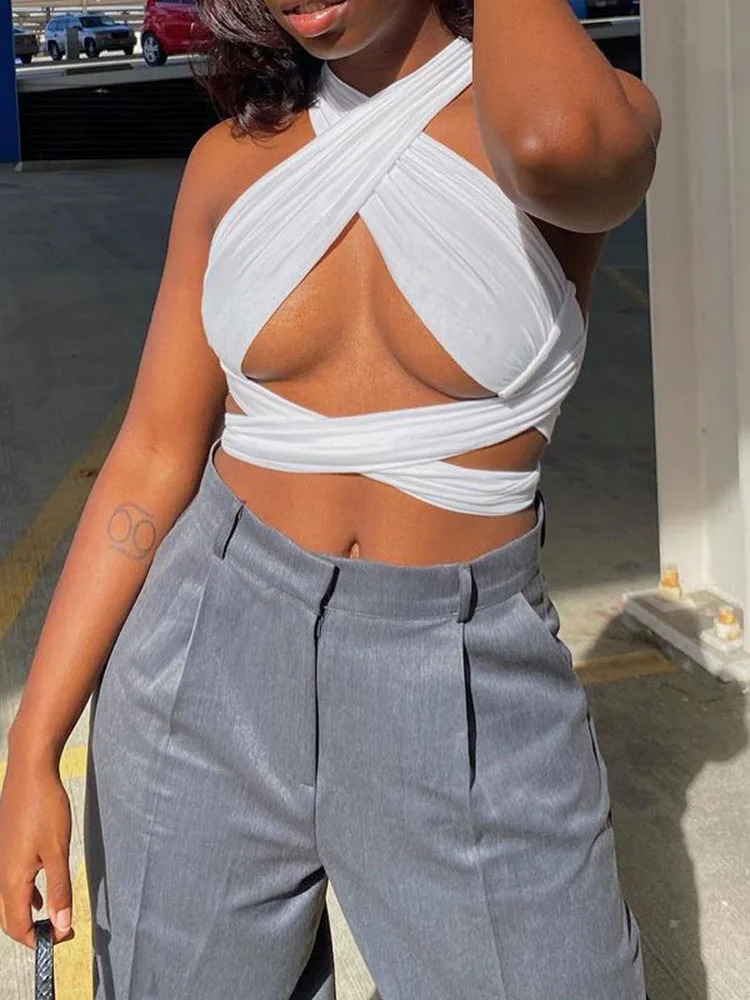 Women Strappy Cross Over Front Cut Out Halter Neck Sleeveless Backless Wrap Crop Top Bandage Vest Summer Sexy Tops Woman Clothes 250225