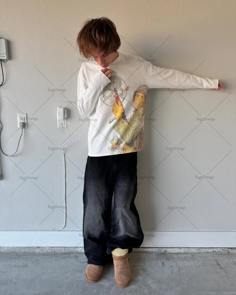 Trendy Harajuku Y2K Retro Streetwear High Street Cartoon Printed Long-sleeved T-shirt Men Hip-hop Punk Casual Loose Top 250225