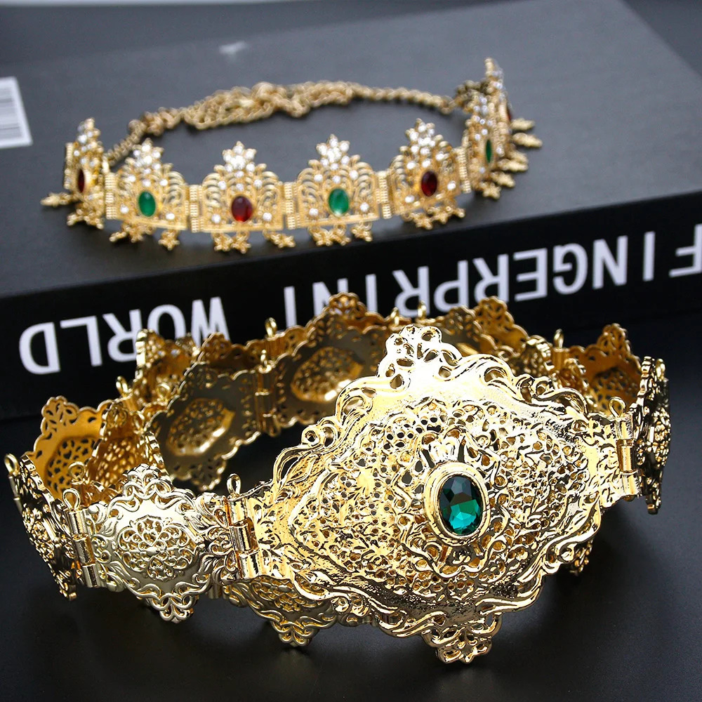 Sunspicems Morocco Bridal Jewelry Set Crown Crystal Belt Set Wedding Dress Waist Chain Caftan Bijoux Arabian Women Jewelry Gift 250225