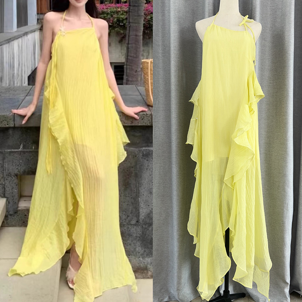 5A master quality H6850 New style ruffled oblique collar halter neck backless long dress seaside holiday style atmosphere dress