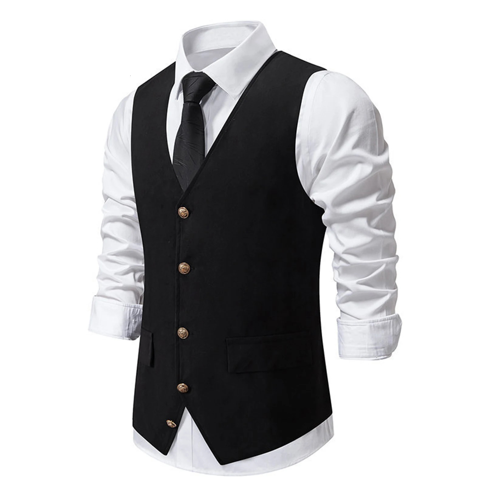 Men Suit Vest Solid Color VNeck Sleeveless SingleBreasted Retro Vests Formal Waistcoat Tuxedo 250225