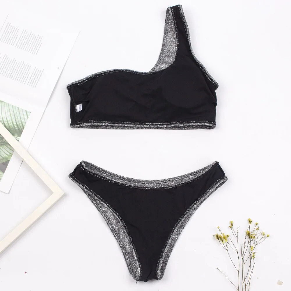 Fashion Single Shoulder Women Bikinis Set Female Shinning High Waist Swimsuit Swimwear Woman Solid Glitter Beach Bathing Suit 250225